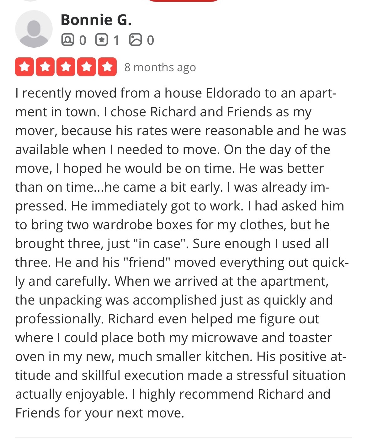 5-star review from Bonnie G.